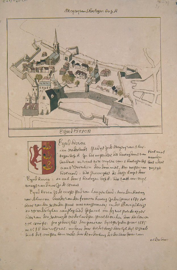 Ein altes Buch mit einer Zeichnung einer Stadt mit einigen Gebäuden und einem Logo, sowie Texten, die weitere Informationen zur Stadt liefern.