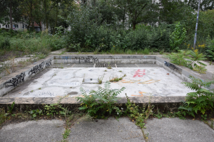 Verlassener Swimmingpool mit Graffiti bedeckt, umgeben von Bäumen und Pflanzen, mit einem Pfahl in der Nähe, Gebäuden im Hintergrund und einem klaren blauen Himmel.