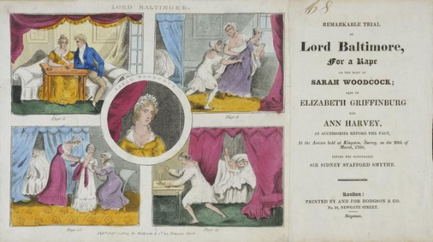 Eine historische Illustration, die einen Prozess zeigt, an dem Lord Baltimore beteiligt ist, mit einem Blatt, auf dem Porträts, Vorhänge und Text zu sehen sind.