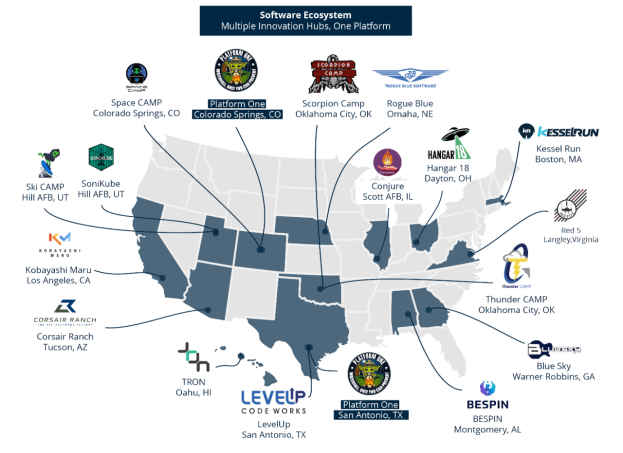 Eine Karte der Vereinigten Staaten, die Logos verschiedener Unternehmen innerhalb des Software-Ökosystems zeigt, mit Text, der die Unternehmen und ihre Standorte beschreibt.