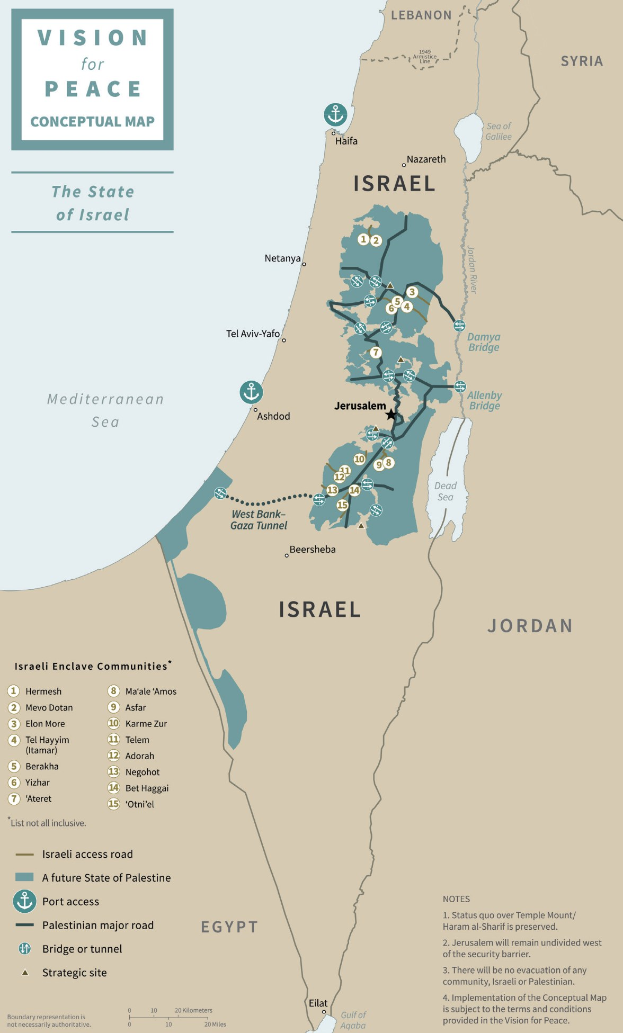 Ein Plakat mit der Aufschrift "Vision für Friedenskonzept-Kartendarstellung", das eine detaillierte Karte von Israel mit Städten und Ortschaftsbezeichnungen zeigt, eingerahmt von der Landesgrenze, vor einem beruhigenden Blau- und Grünton.