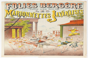 Ein Plakat, das ein Tanzshow in Paris ankündigt, mit einer Gruppe von Menschen, die im Vordergrund tanzen, und einem Gebäude, Bäumen und Himmel im Hintergrund, sowie Text.