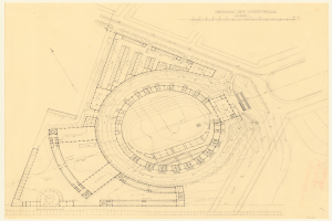 Ein detailliertes Stadium-Grundriss-Drawing mit mehreren Gebäuden, beschrifteten Texten und Anmerkungen, das mutmaßlich für das neue Sport Hall in London ist.