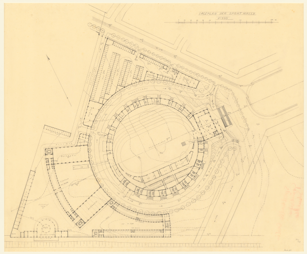 Ein detailliertes Stadium-Grundriss-Drawing mit mehreren Gebäuden, beschrifteten Texten und Anmerkungen, das mutmaßlich für das neue Sport Hall in London ist.