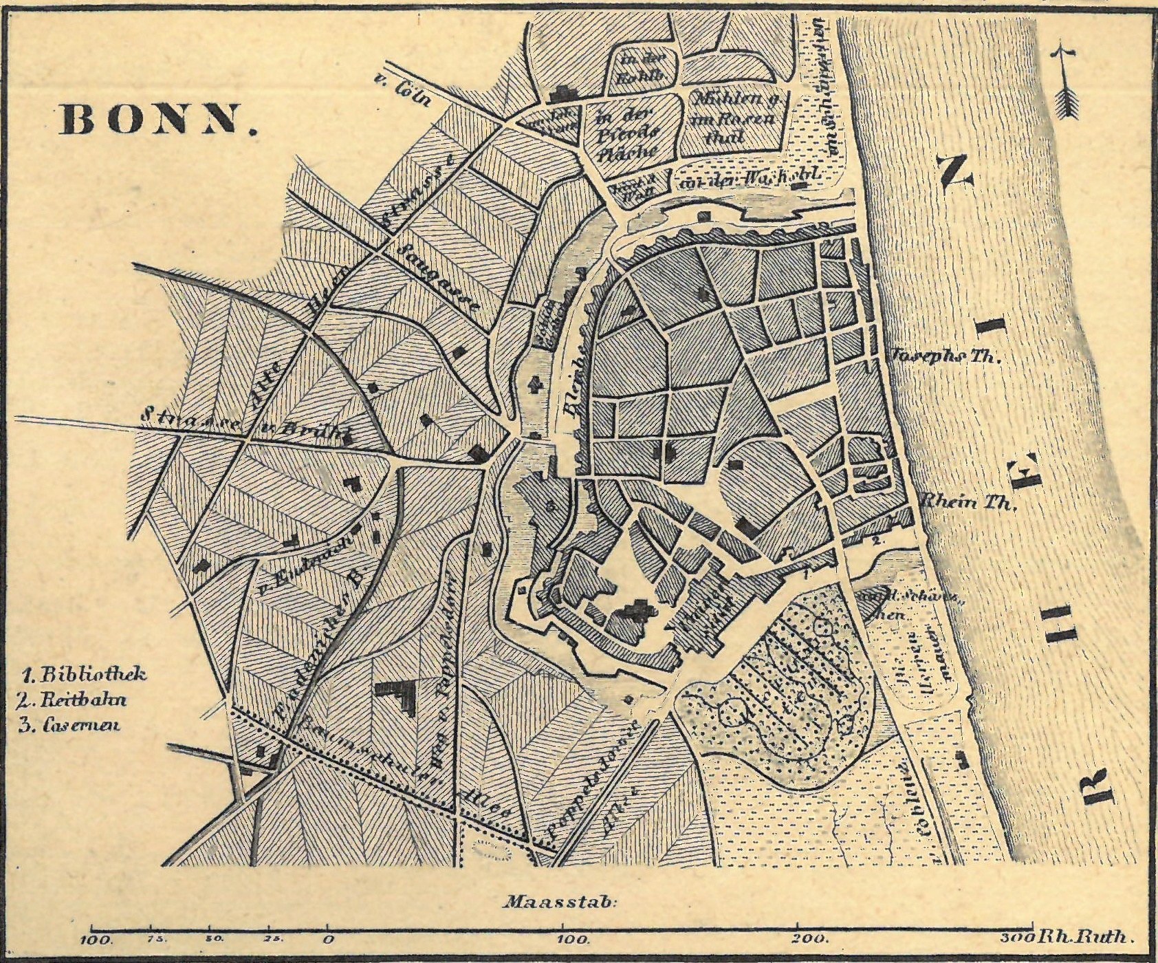 Detailiertes altes Stadtplan von Bonn, Deutschland, zeigt Stra├čen, Geb├Ąude und Landmarken mit lesbarem Text.
