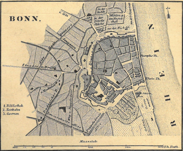 Detailiertes altes Stadtplan von Bonn, Deutschland, zeigt Stra├čen, Geb├Ąude und Landmarken mit lesbarem Text.