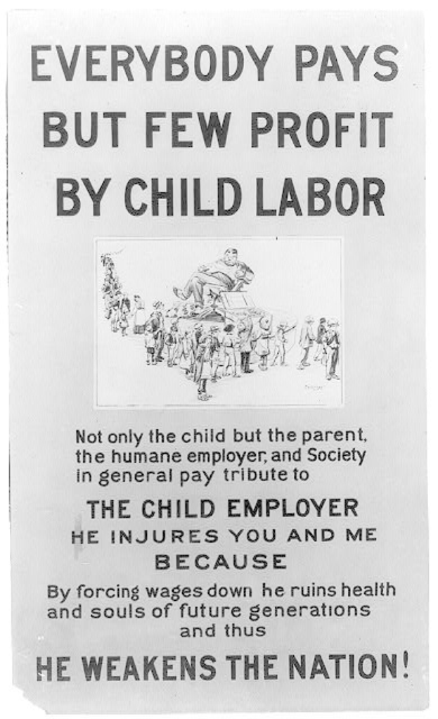 Schwarzes und weißes Plakat mit der Aufschrift "Jeder zahlt, aber wenige profitieren von Kinderarbeit" zeigt eine Gruppe von Menschen, die gegen Kinderarbeit in den USA protestieren.