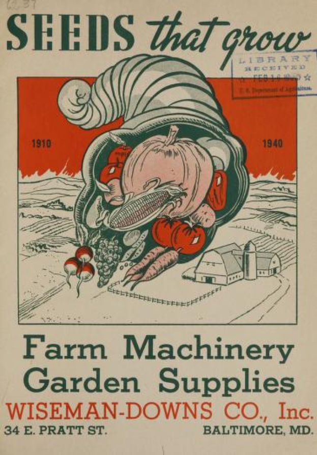 Ein Vintage-Plakat von Wiseman-Downs Co., Inc. mit verschiedenen Landmaschinen und Gartenzubehör.