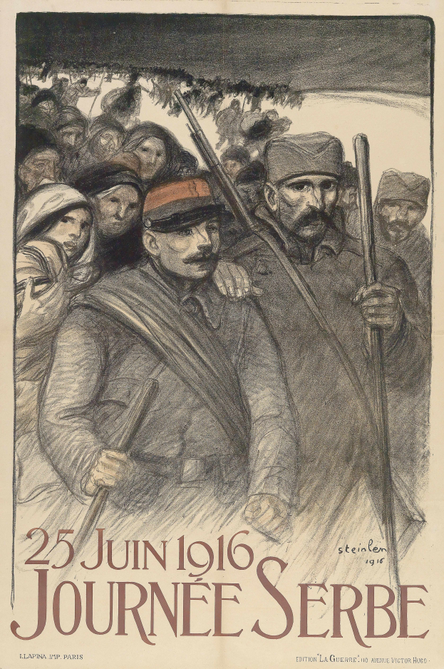 Ein Plakat für die Journée Serbe 1916, das eine Gruppe von Menschen mit Waffen zeigt, mit Text zu den Ereignissen.
