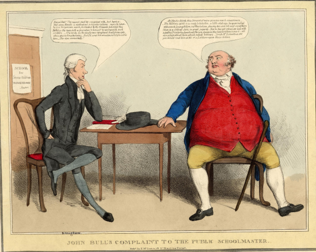 John Bull, ein Mann im Anzug, sitzt einem sitzenden Schulmeister gegenüber an einem Tisch mit Hut und Papieren, zeigt mit dem Finger auf eine Beschwerde; im Hintergrund sind eine Tür und ein Papier an der Wand zu sehen.