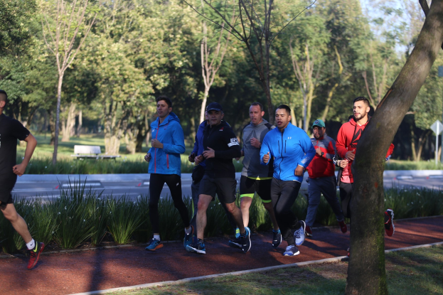 Eine Gruppe von Menschen, die in einem Park laufen, mit Grünfläche, einer Bank im Vordergrund, einer Straße im Hintergrund und einem klaren blauen Himmel, alle tragen Turnschuhe.