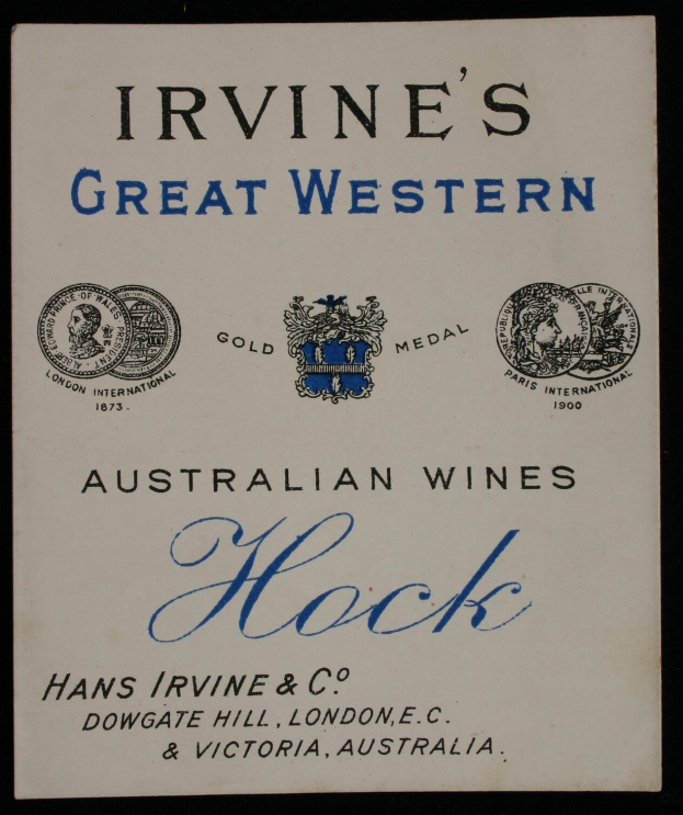 Plakat, das Irvines großartige westaustralische Weine mit Firmenlogos und Texten ankündigt, die verschiedene Weinarten angeben.