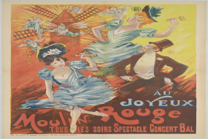Ein Plakat, das ein Moulin Rouge-Konzert in Paris, Frankreich, ankündigt, mit einem leuchtend roten Hintergrund, Menschen in bunten Kostümen, die tanzen, und der Schriftzug "Moulin Rouge" in weißer, fetter Schrift.