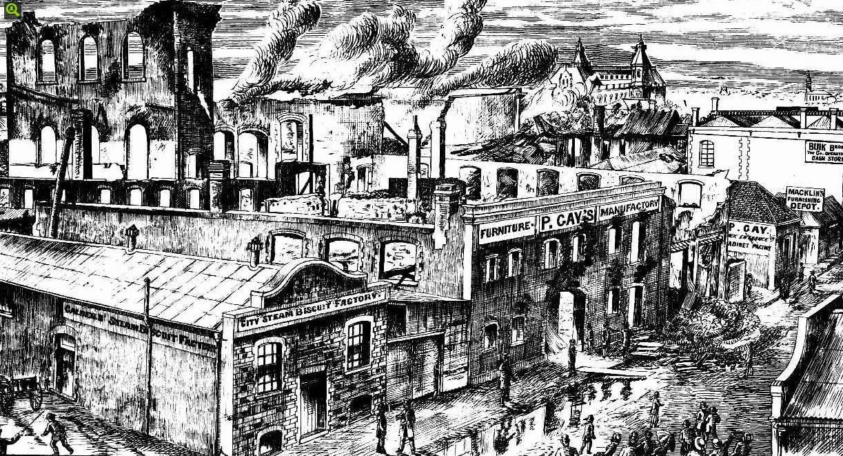 Schwarz-weiß-Zeichnung einer Stadtstraße mit Gebäuden, Menschen und Rauch, der aus den Gebäuden aufsteigt, mit Text unten, der 'Die Geschichte der industriellen Revolution' lautet.