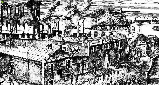 Schwarz-weiß-Zeichnung einer Stadtstraße mit Gebäuden, Menschen und Rauch, der aus den Gebäuden aufsteigt, mit Text unten, der 'Die Geschichte der industriellen Revolution' lautet.