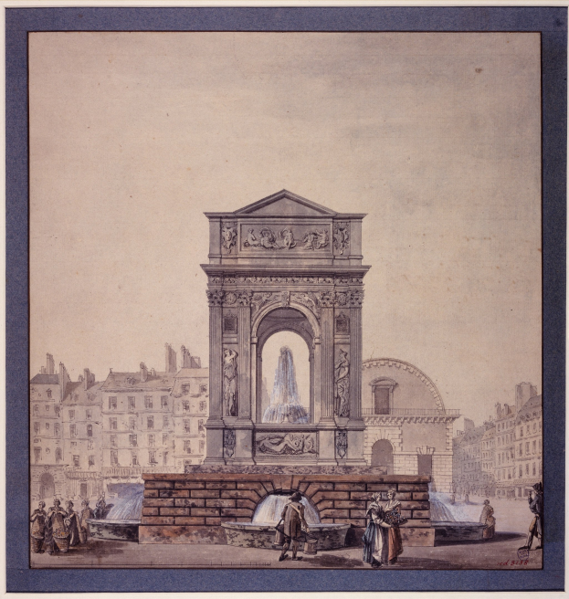 Ein gerahmtes Bild einer Brunnenanlage inmitten eines Stadtplatzes, umgeben von Gebäuden und Menschen, mit klassischem Aussehen.