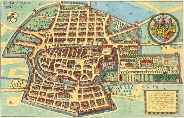 Ein detaillierter Stadtplan von Hamburg, Deutschland, der Gebäude, Straßen und andere Merkmale zeigt und von Text und einem Logo begleitet wird.