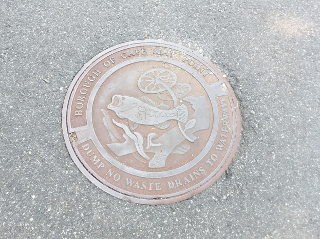 Schachtoilettendeckel an der Straße mit Fischdesign und dem Text "Entsorge Keinen Müll Abflüsse".