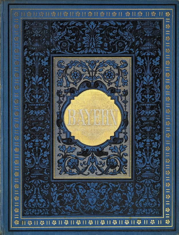 Blau-goldenes Buch mit dem Wort "Bayern" auf dem Cover, verziert mit detaillierten Dekorationen.