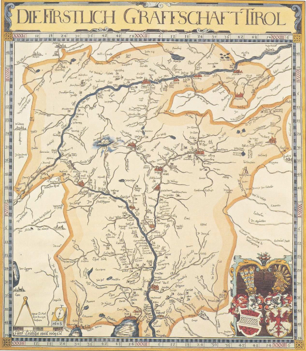 Detailreiches historisches Plakat der ersten Grafschaft Tirol-Karte, das geografische Merkmale wie Flüsse, Berge und Städte zeigt, sowie begleitenden Text über die Region und ihre Bewohner.