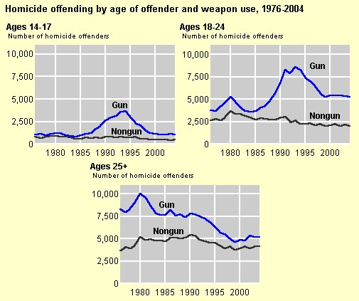 Eine Liniengrafik, die die Homicide-Offending-Rates nach Alter des Täters und Waffentyp von 1976 bis 2004 zeigt, mit begleitendem erklärendem Text.