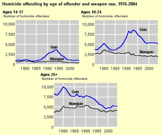 Eine Liniengrafik, die die Homicide-Offending-Rates nach Alter des Täters und Waffentyp von 1976 bis 2004 zeigt, mit begleitendem erklärendem Text.