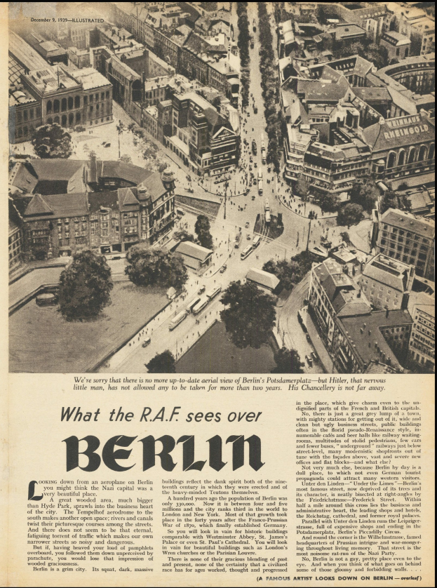 Alte Zeitung mit Schwarz-Weiß-Fotografie einer Stadtlandschaft mit Gebäuden, Bäumen und Fahrzeugen.