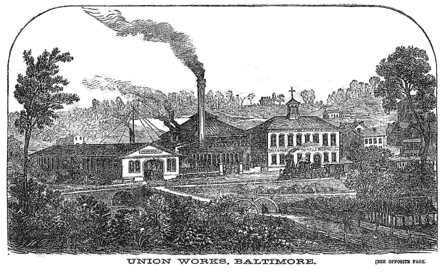 Schwarz-weiß-Illustration der Union Works in Baltimore, Maryland, mit Gebäuden, Bäumen und Rauch im Hintergrund sowie Text unten.