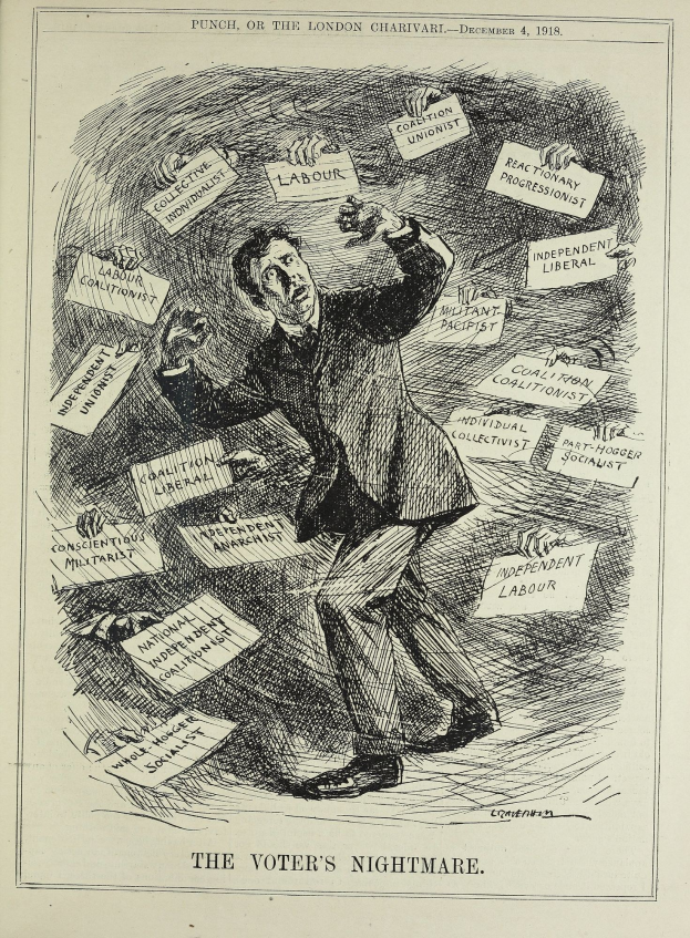 Eine Papierzeichnung eines Mannes in Anzug und Krawatte, der ein Schild hält mit der Aufschrift "Der Albtraum des Wählers" und einem entschlossenen Gesichtsausdruck.