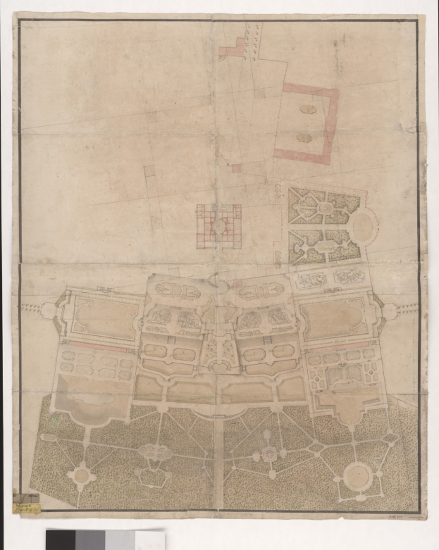 Ein detaillierter Stadtplan mit zahlreichen Gebäuden, darunter ein prägnantes zentrales Gebäude und begleitendem Text.