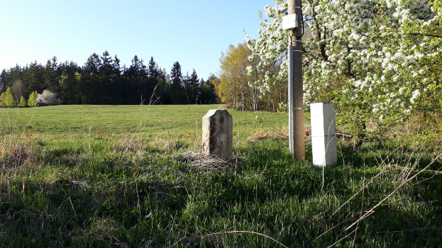 Ein grasbewachsener Platz mit einem zentralen Baum, umgeben von Bäumen unter einem klaren blauen Himmel, mit einem Pfahl und zwei Betonblöcken im Vordergrund, wahrscheinlich Teil eines Denkmals.