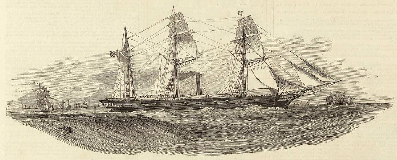 Gravur eines detaillierten Segelschiffs mit geblähten Segeln und sonnenbeschienener Hülle, das auf dem Meer segelt, mit anderen Schiffen im Hintergrund und Text unten.