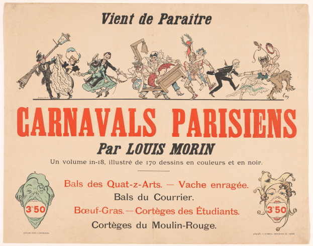 Ein Blatt mit der Überschrift "Carnivals Parisiens par Louis Morin" in fetter Schrift, das farbenfrohe Illustrationen von Menschen in bunten Kostümen und Masken bei einer lebhaften Karnevals Szenerie zeigt.