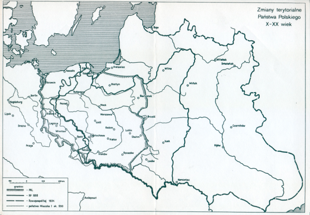 Ein Plakat mit einer detaillierten Karte von Polen und dem Umfang des Polnischen Reichs, versehen mit Text und Zahlen.