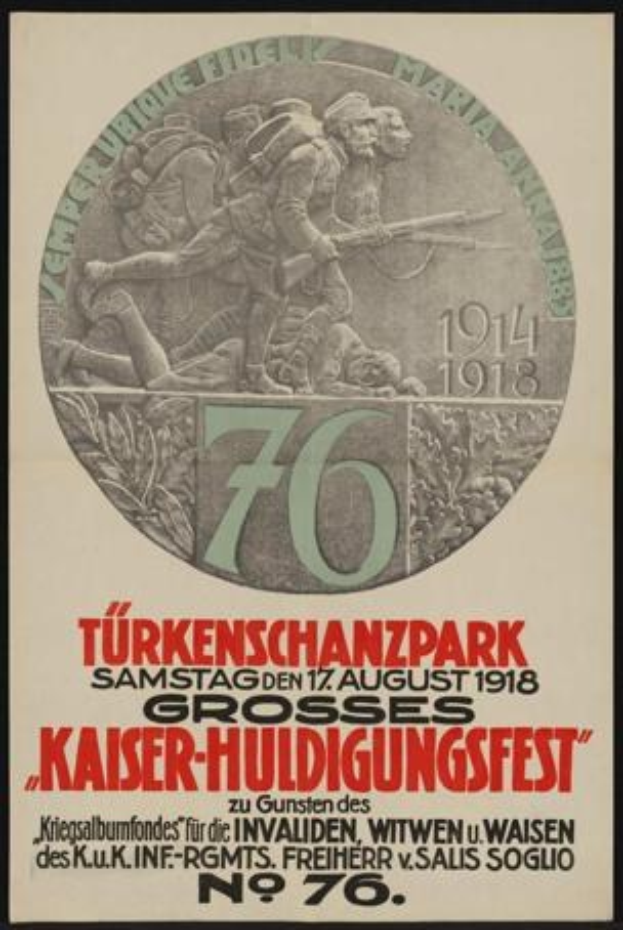 Plakat zum 70. Jubiläum des Kaiser-Huldigungsfestes in Berlin, Deutschland, mit einer Gruppe von Menschen in der Mitte und Text und Zahlen in einem klassischen Photo-Rahmen.