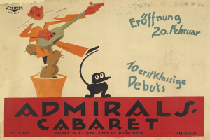Plakat für das Admiral's Cabaret in Berlin mit einem Cartoon-Mann in weißem Hemd und schwarzem Hut, der eine Gitarre spielt, mit fetter schwarzer Schrift und einem hellgelben Hintergrund.