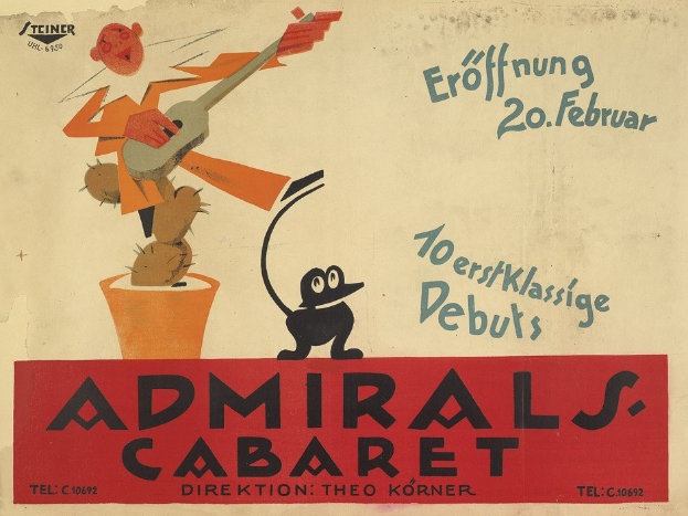 Plakat für das Admiral's Cabaret in Berlin mit einem Cartoon-Mann in weißem Hemd und schwarzem Hut, der eine Gitarre spielt, mit fetter schwarzer Schrift und einem hellgelben Hintergrund.