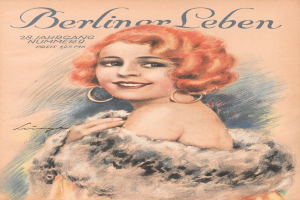 Frau mit rotem Haar in einem Nerzmantel auf dem Cover einer Berliner Leben-Zeitschrift im Stil der 1950er Jahre mit fetter schwarzer Schrift, die "Berliner Lebens" lautet