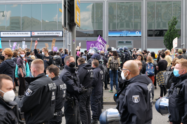 Eine große Gruppe von Menschen steht vor einem Gebäude, einige halten Schilder und tragen Helme, mit einem Mast mit einer Schautafel im Vordergrund und einem Baum im Hintergrund, die zu protestieren scheinen.