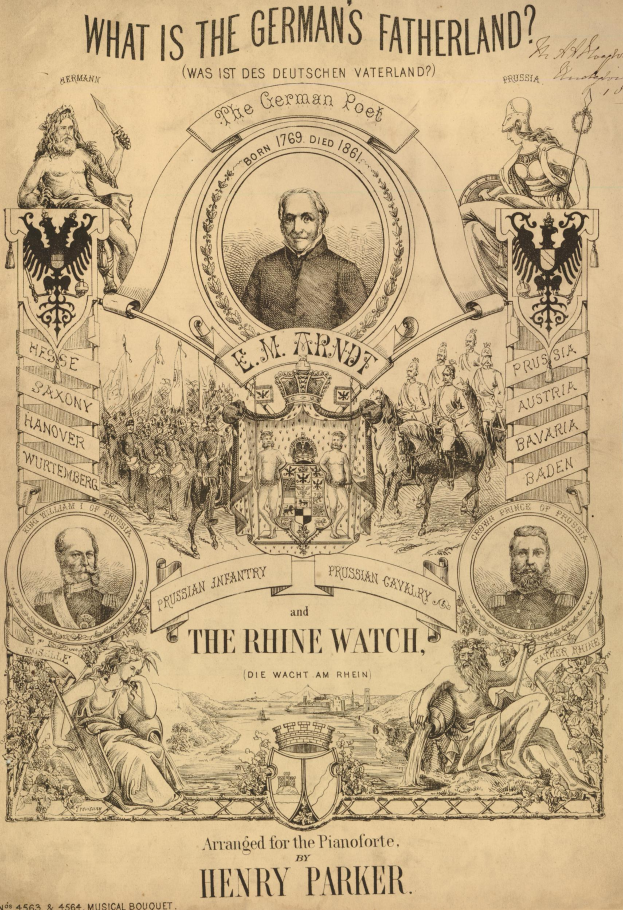 Eine Zeitung mit Bildern von Menschen und dem Text 'Was ist das Vaterland der Deutschen? Die Rheinwacht von Henry Parker'.