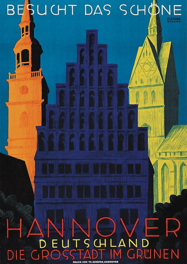 Plakat, das Hannover, Deutschland, mit einigen Gebäuden und Bäumen und Texten zeigt, die Informationen über die Stadt bereitstellen.