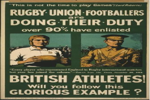 Plakat mit zwei Rugby-Union-Fußballern in Uniform, mit Text, der über 90% der britischen Athleten in Dienst zeigt.