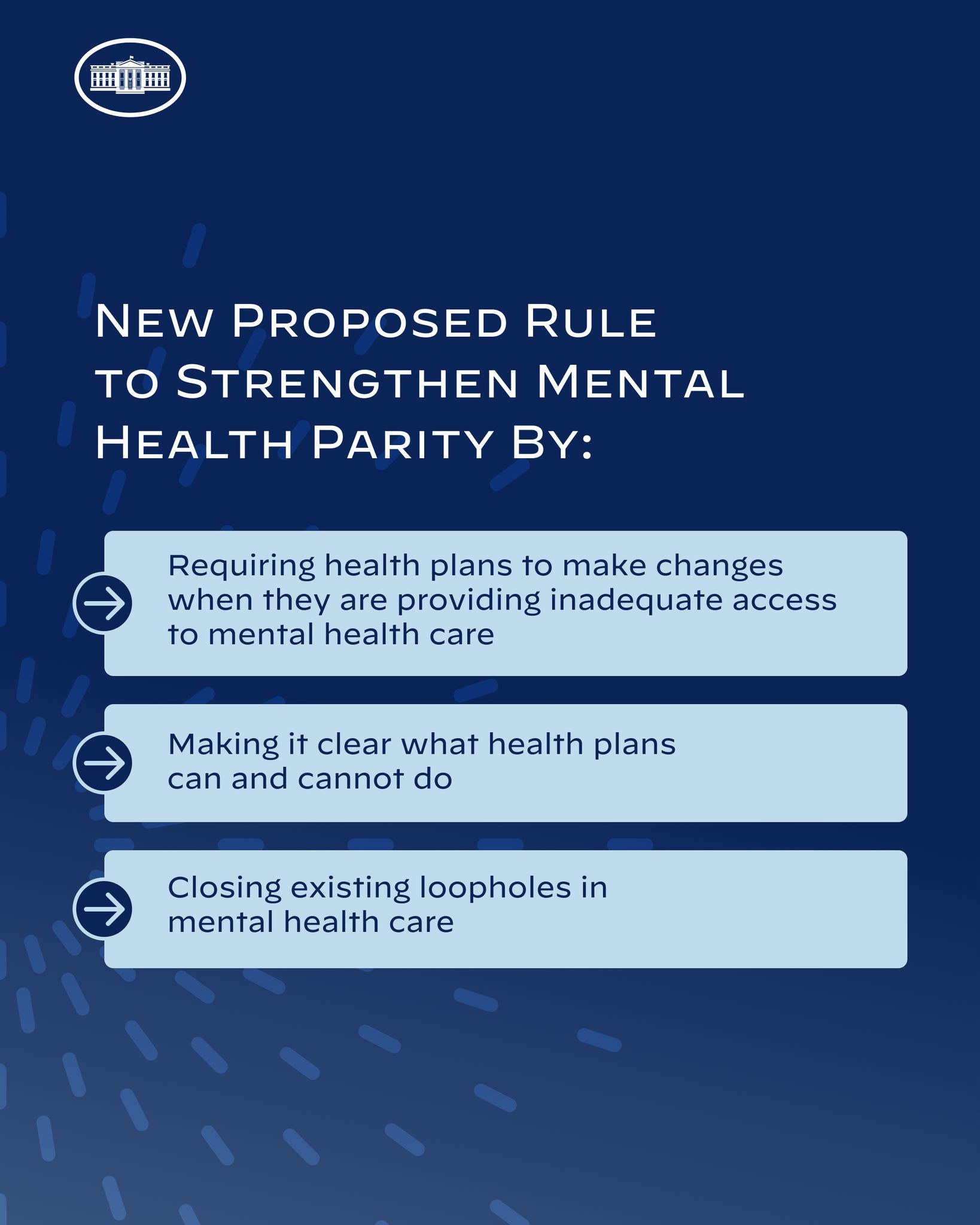 Blauer Hintergrund mit wei├čer Schrift und einem wei├čem Kreis-Logo mit einer blauen Umrandung, das eine neue Regel zur St├Ąrkung der psychischen Gesundheit umreißt.