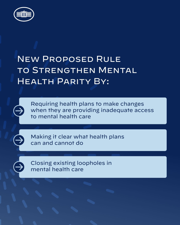 Blauer Hintergrund mit wei├čer Schrift und einem wei├čem Kreis-Logo mit einer blauen Umrandung, das eine neue Regel zur St├Ąrkung der psychischen Gesundheit umreißt.