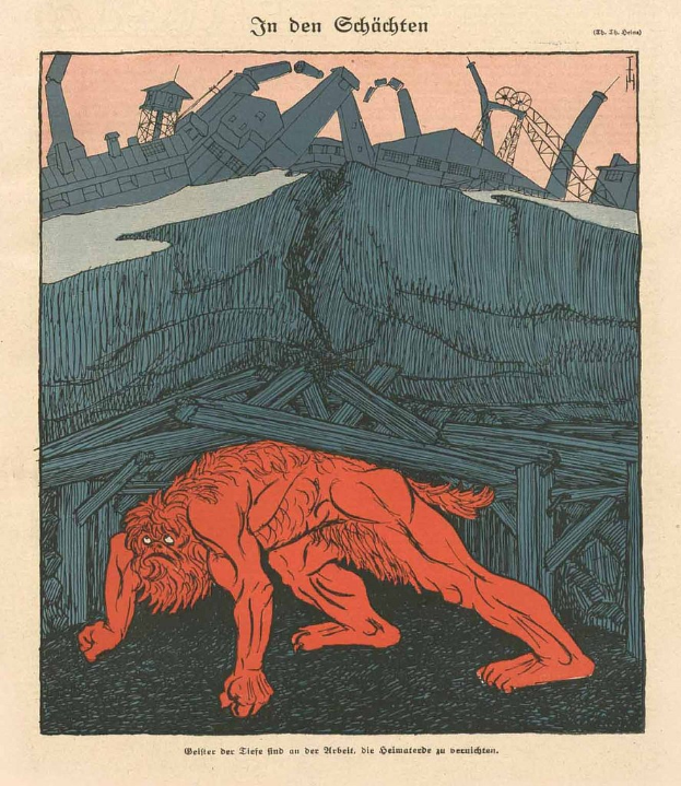 Illustration eines bedrohlichen Werwolfs in Kampfstellung vor einem von Rauch und Dampf erfüllten Fabrikgelände unter einem tiefblauen Himmel, mit einem Plakat im Vordergrund, das das Bild des Werwolfs und fetten Text zeigt.
