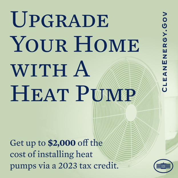 Plakat zur Werbung für Heizpumpen-Upgrades mit einem Bild einer Heizpumpe und dem Text "Upgrade Your Home with a Heat Pump."