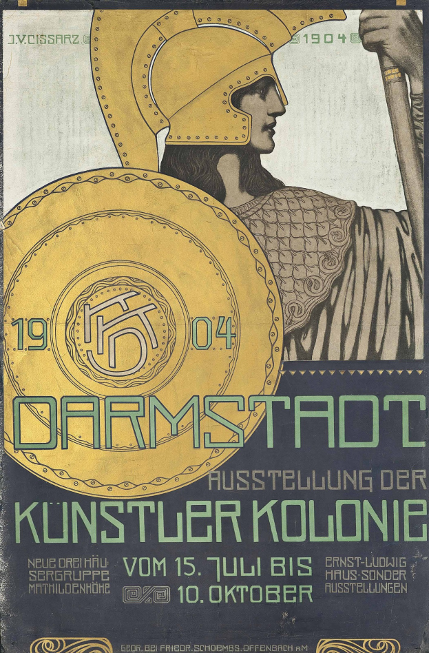 Plakat für ein 1904er Berlin-Konzert, das eine Person in einem Helm mit einem Schild zeigt, auf dem "Darmstadt" und "Kuenstler Kolonie" in fetter Schrift steht.