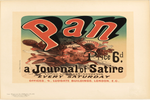 Plakat mit einer Person in einem weißen Hemd mit kurzen dunklen Haaren und einem ernsten Gesichtsausdruck, die vor einem weißen Hintergrund steht, mit zentrierter fetter schwarzer Schrift, die "Pan: Eine Satirezeitschrift" lautet