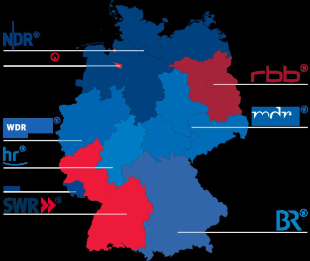 Eine Deutschlandkarte mit Bundesländern in rot und blau, um die Ergebnisse der Wahl 2016 anzuzeigen, einschließlich der Namen der Kandidaten und weiterer Details zur Wahl.