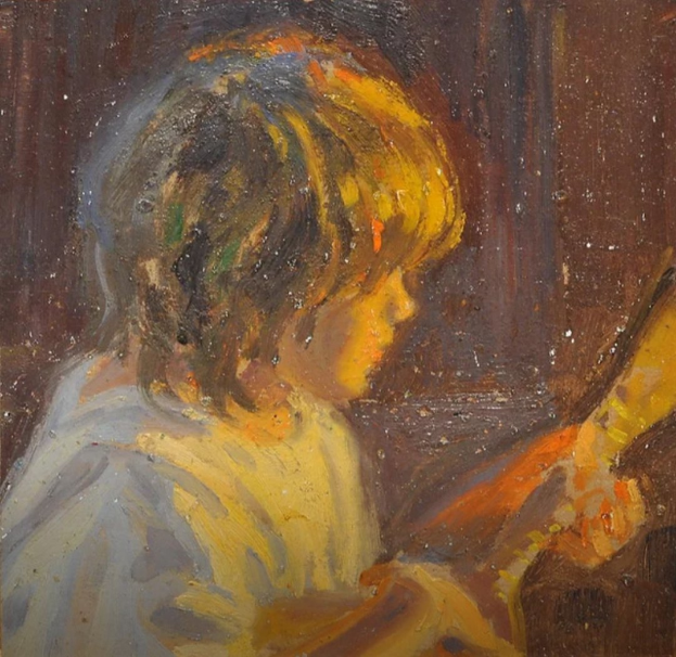 Gemälde eines jungen Jungen in einem weißen Hemd, der konzentriert eine Gitarre spielt, die Augen geschlossen, die Hände auf dem Griffbrett.